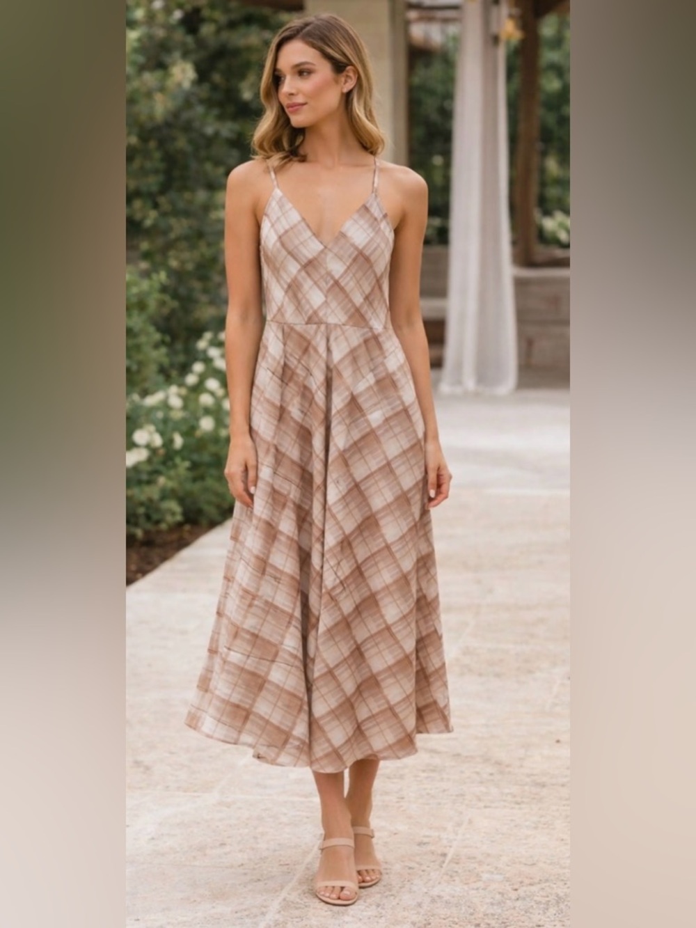 NWT Elie Tahari Spaghetti Strap Maxi Slip Plaid Dress Size Small Cream & Tan